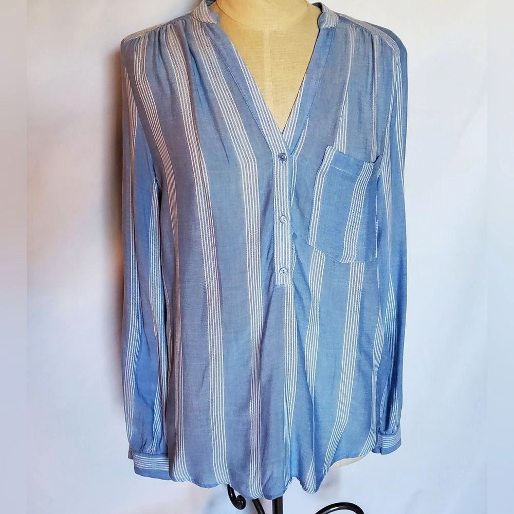 H&M Blue & White Striped Blouse V Neck Long Sleeve Top Shirt Tunic